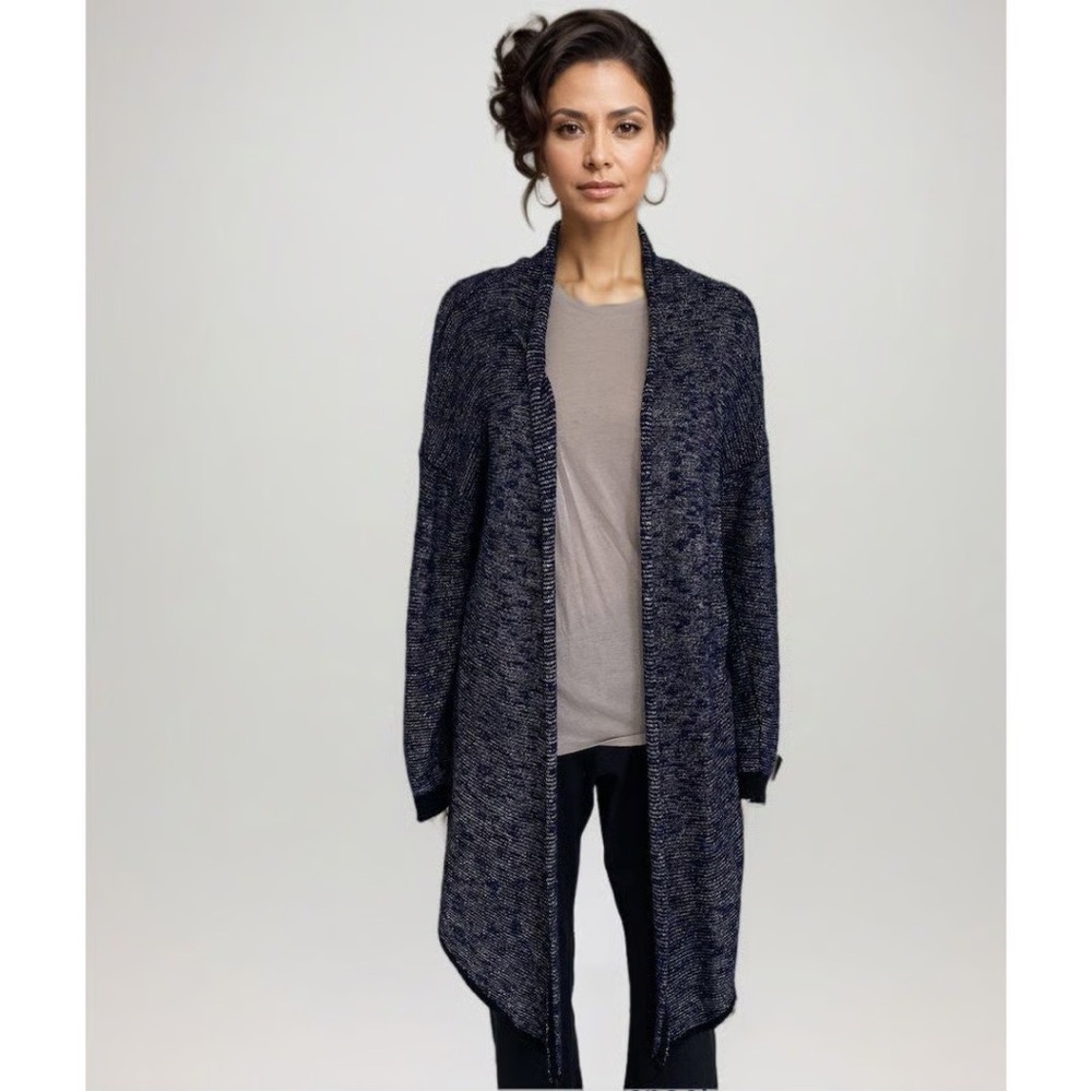Eileen Fisher Navy Ivory Marled Linen blend Knit Open Duster Cardigan